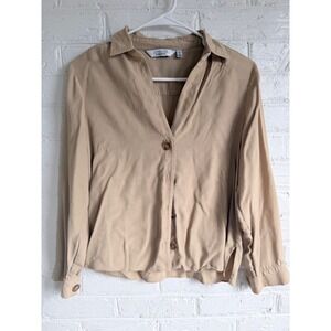 Los Angeles Atelier Button Front Collared Long Sleeve Shirt‎ Tan Size